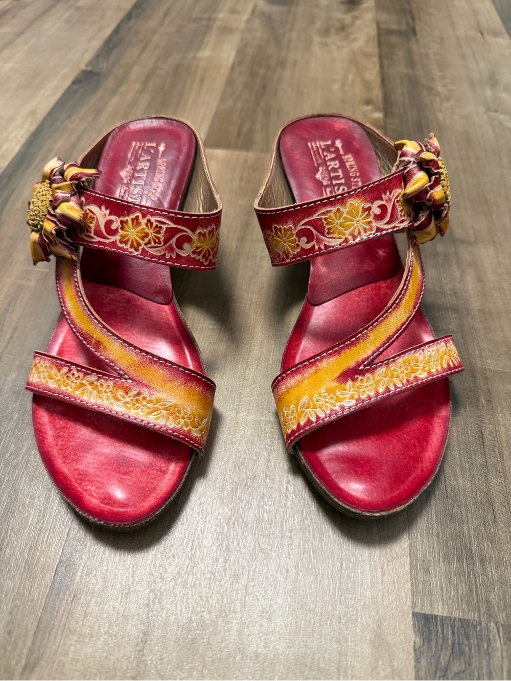 L’Artiste Hand-Painted Red & Yellow Floral Leather Slide Sandals Size 38